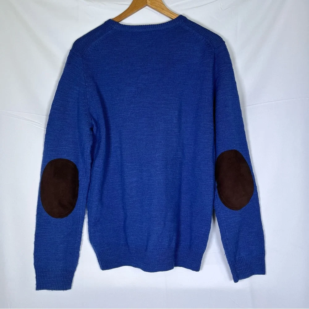 J.Crew Merino Sweater Men's M Blue‎ Brown Leather Elbow Trim Round Neck Pullover